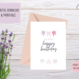 FELIZ ANIVERSÁRIO, cartão simples para impressão, download instantâneo, interior em branco, alta resolução 5 x 7 polegadas