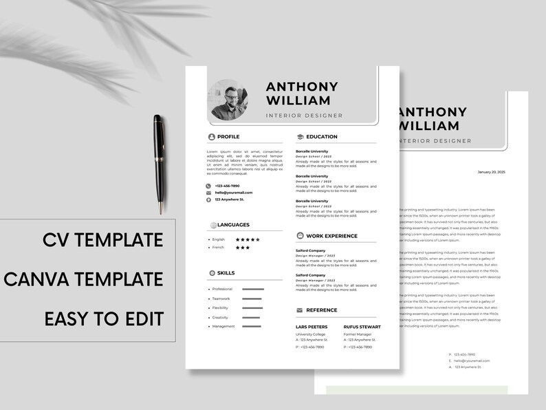Resume Template for Canva With Cover Letter Professional CV Template ...