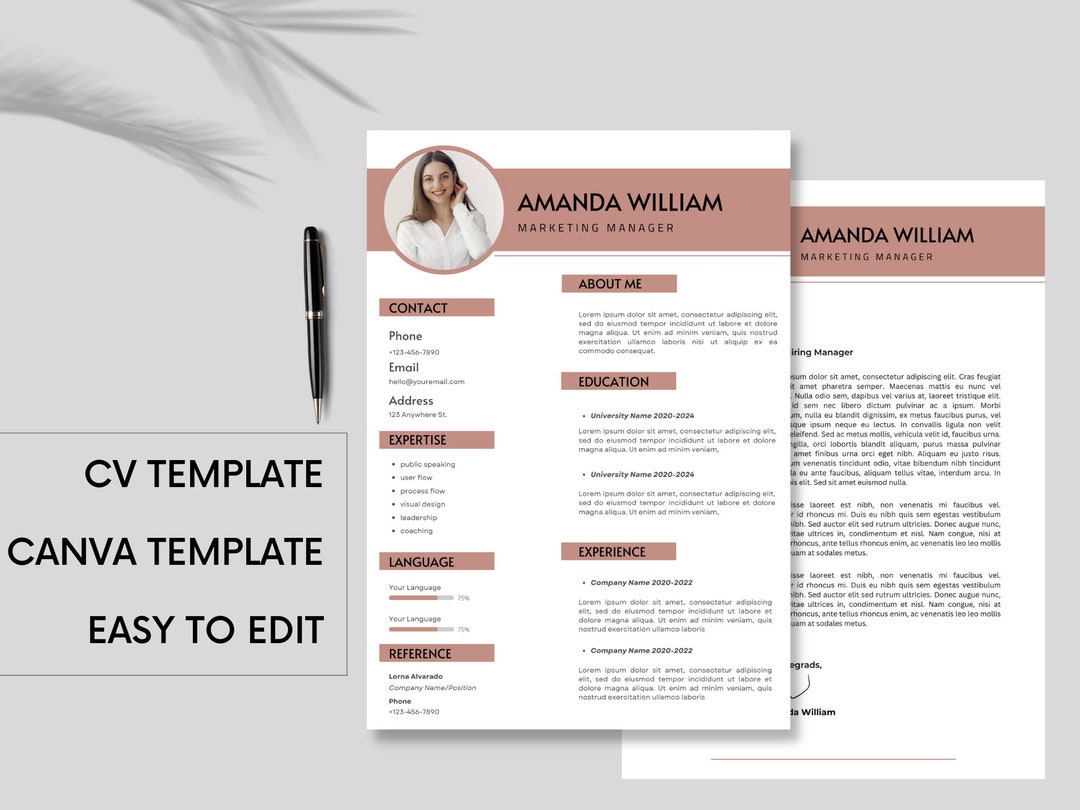 Resume Template for Canva With Cover Letter Professional CV Template ...