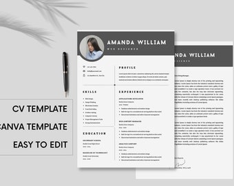 Resume Template for Canva with Cover Letter Professional CV Template, Canva Modern Resume template Canva, Professional Modern Resume