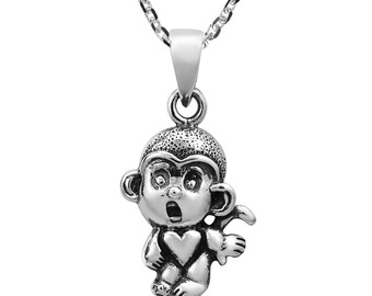 Cute Surprised Little Monkey Sterling Silver Pendant Necklace