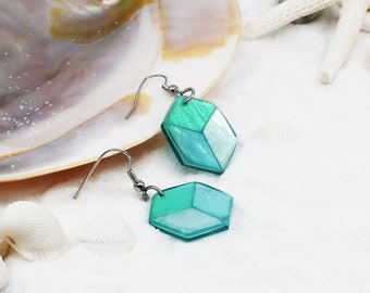 Ocean Hexagon in Green Tones Capiz Shell Cube Inspired Dangle Earrings