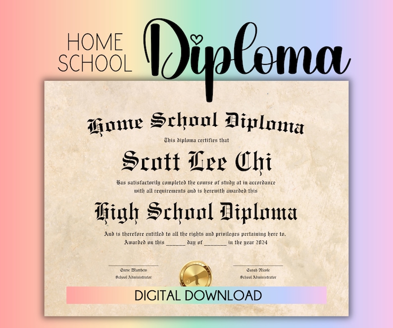 Home School Diploma Template Download Highschool Diploma High School Diploma Template PDF Homeschool Diploma Template With Gold Seal image 1