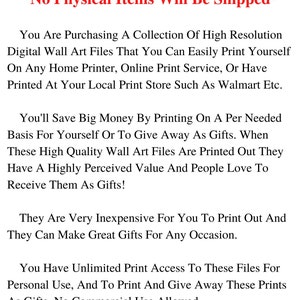 May include: Text-based graphic with the words "Instant Download" and "No Physical Items Will Be Shipped" in red. The text describes digital wall art files for printing at home or at a print service, emphasizing gift-giving and personal use.
