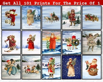 Santa Claus St Nick Printable Wall Art Bundle + Watercolor Xmas Angels Gingerman Snowman Christmas Tree Wreath Instant Download Wall Decor