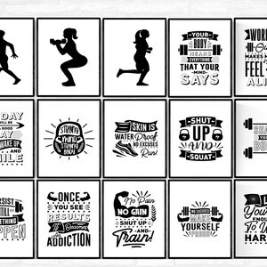 May include: A collection of 15 framed black and white motivational posters. The posters feature silhouettes of people exercising, along with inspirational quotes about fitness, such as "No Pain No Gain" and "Shape Your Body."