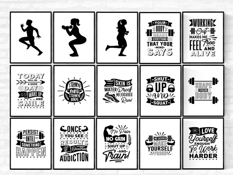 May include: A collection of 15 framed black and white motivational posters. The posters feature silhouettes of people exercising, along with inspirational quotes about fitness, such as "No Pain No Gain" and "Shape Your Body."