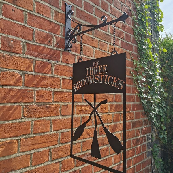 Wizarding World Pub Sign . The Three Broomsticks Pub . Custom Pub Sign . Metal Sign