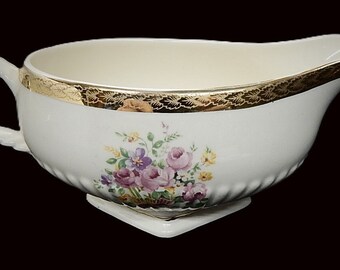 Vintage Gravy Boat with Floral design and Gold top trim