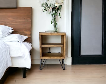 Wooden Nightstand | Bedside Table | Yake | Hairpin Iron Legs - Handmade with solid wood - Perfect for bedroom