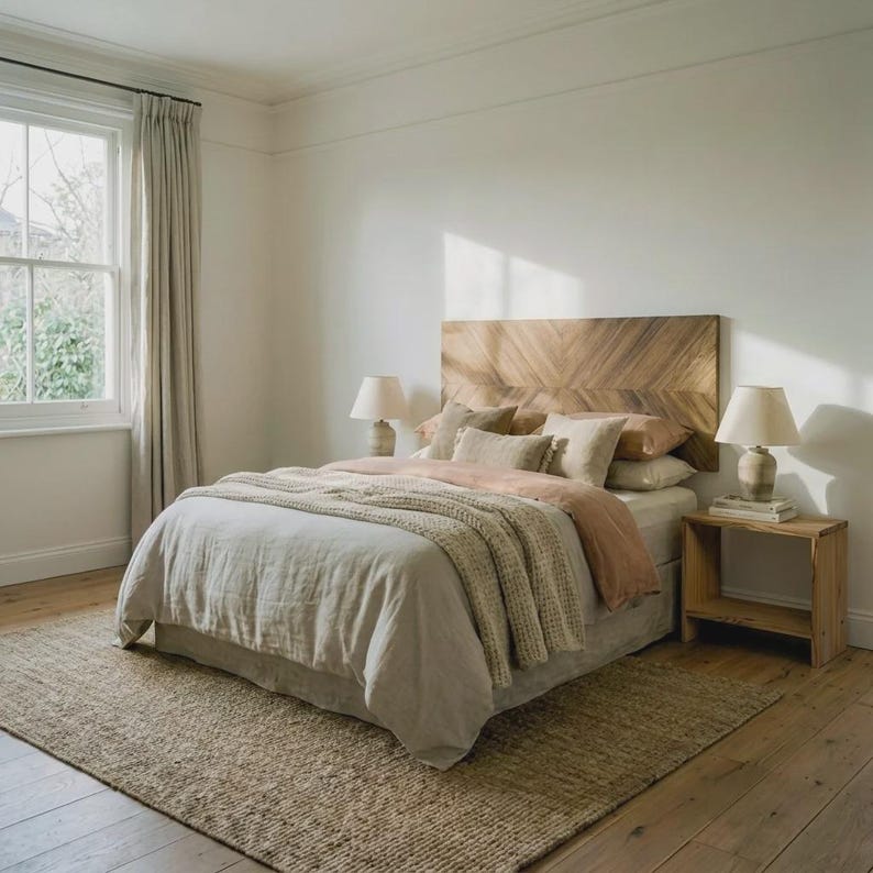 May include: A bedroom featuring a bed with a wooden chevron-patterned headboard, layered with beige and terracotta bedding. Two bedside tables hold lamps with white shades. A textured jute rug covers the wooden floor near a window with curtains.