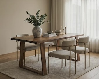 Mesa de comedor de madera maciza hecha a mano: patas trapezoidales, borde recto (también conocida como...