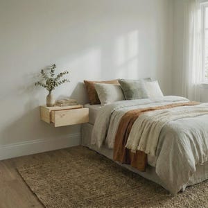 Op de afbeelding: Een lichtgekleurd zwevend nachtkastje van hout met één lade, gemonteerd aan de muur. Het nachtkastje bevat een kleine keramische vaas met groene eucalyptus takken en een stapel van twee boeken, geplaatst naast een bed met gelaagd beddengoed.