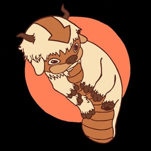 May include: Illustration of a cartoon bison-like creature with tan and brown fur, small horns, and a friendly expression. The creature is set against a peach-colored circle on a black background. The style is simple and graphic.