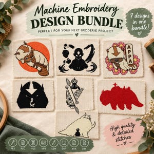 May include: A machine embroidery design bundle featuring seven distinct patches on fabric. Designs include a flying bison, a silhouette of a character with an arrow, a bison with flowers, a dark bison head, a mask, a red bison, and a bison outline.