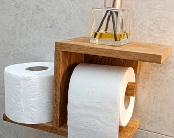 Solid Oak Wood Toilet Paper Holder with Shelf – Minimalist Bathroom Organizer