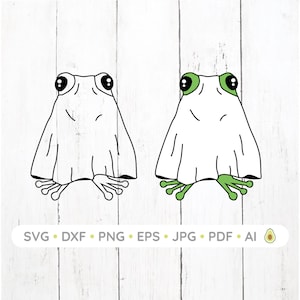 May include: A black and white line drawing of a frog wearing a ghost costume. The frog has green eyes and is sitting on its hind legs. The ghost costume is a simple sheet with a hole for the frog's head.
