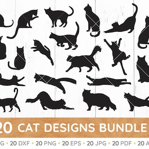 May include: A set of 20 black cat silhouette designs in various poses. The designs are perfect for crafting projects, scrapbooking, and more.