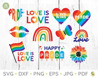 May include: A set of 26 digital files featuring rainbow-themed designs with pride slogans, including "Love is Love", "Pride", "Love Wins", and "Happy Pride".