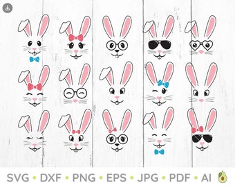 Bunny faces svg, Easter Bunny svg, Bunny face png, Bunny Clipart, Rabbit svg, Spring svg, Easter svg, Cut files, Cricut, dxf, eps, pdf, png