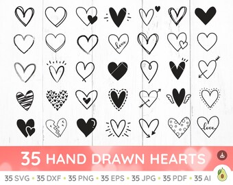 May include: A set of 35 hand-drawn heart designs in black on a white background. The hearts are in various styles, including simple, outlined, and filled. The text "35 HAND DRAWN HEARTS" is at the bottom of the image.