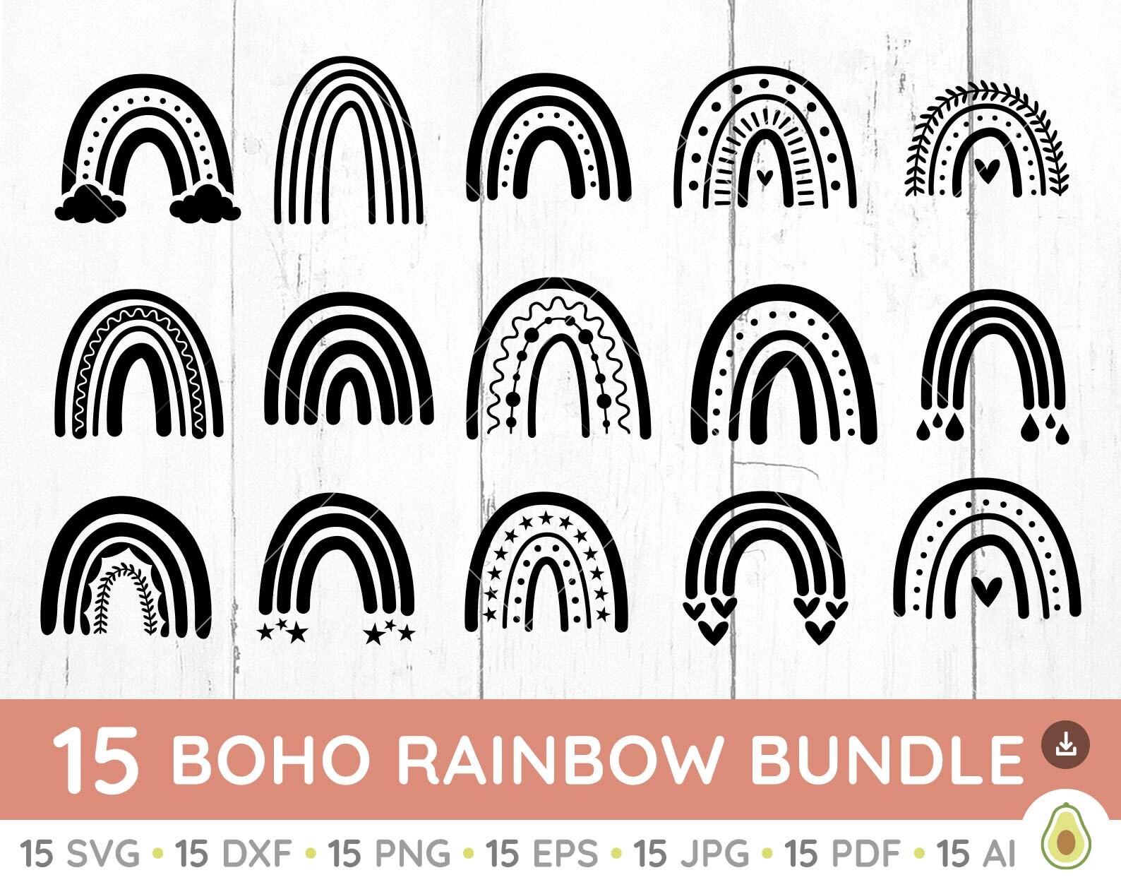 Boho Rainbow Svg Bundle, Boho Svg, Rainbow Clipart, Rainbow With Heart ...