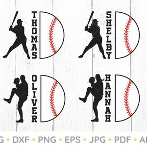 May include: Four baseball-themed designs featuring a silhouette of a person playing baseball with a baseball and a name in a vertical orientation. The names are Thomas, Shelby, Oliver, and Hannah.