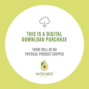 May include: A digital download purchase announcement on a white circular background with a light green border. The text reads "THIS IS A DIGITAL DOWNLOAD PURCHASE" and "THERE WILL BE NO PHYSICAL PRODUCT SHIPPED". The Avocado Digitals logo is at the bottom.