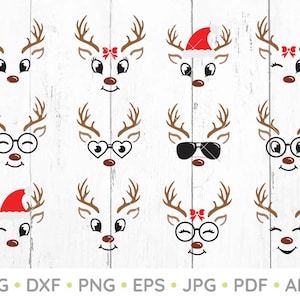 Visages de renne SVG, svg rennes de Noël, vacances svg, svg de Noël visage de renne, Bundle svg, svg Noël, fichiers coupés, Silhouette, Png