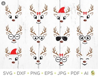 Reindeer Faces SVG, Christmas reindeers svg, Holiday svg, Reindeer Face Christmas svg, Bundle svg, Christmas svg, Cut Files, Silhouette, Png