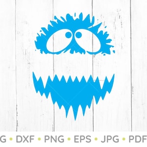 May include: A blue monster face design with large eyes and a jagged mouth. The design is set against a white wooden background. The bottom of the image includes the file types: SVG, DXF, PNG, EPS, JPG, and PDF.