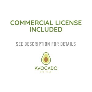 May include: Green text on a white background reads "COMMERCIAL LICENSE INCLUDED" and "SEE DESCRIPTION FOR DETAILS". Below the text is a green avocado illustration with a yellow seed inside. Below the avocado is the text "AVOCADO DIGITALS" in green.