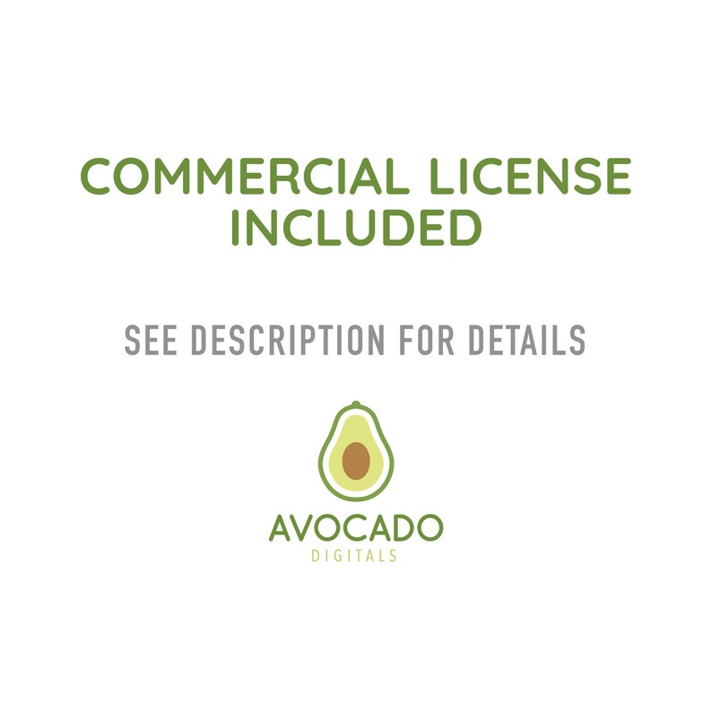 May include: Green text on a white background reads "COMMERCIAL LICENSE INCLUDED" and "SEE DESCRIPTION FOR DETAILS". Below the text is a green avocado illustration with a yellow seed inside. Below the avocado is the text "AVOCADO DIGITALS" in green.
