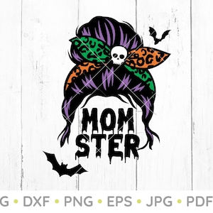 May include: Black and green Halloween-themed design with a skull and the text "Momster". The design features a woman's hair with a purple bandana with leopard print.