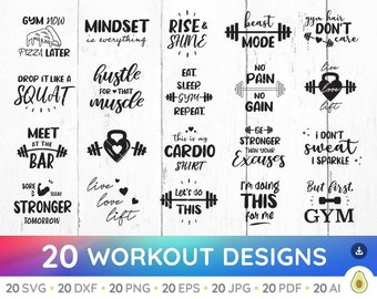 Op de afbeelding: Een set van 20 trainingsontwerpgrafieken met motiverende citaten en afbeeldingen. De afbeeldingen bevatten zinnen als "Gym Now Pizza Later", "Hustle for that Muscle", "Rise and Shine", "Beast Mode", "This is my Cardio Shirt", "I Don't Sweat I Sparkle", and "But First Gym".