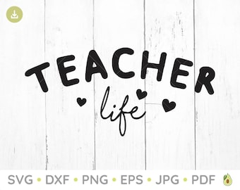 May include: Black and white text graphic on a white wood background. The text reads "Teacher life" with three small hearts.