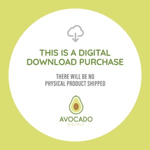 May include: A white circle with a gray cloud and downward arrow, the text "THIS IS A DIGITAL DOWNLOAD PURCHASE", and the text "THERE WILL BE NO PHYSICAL PRODUCT SHIPPED". Below the text is a green avocado illustration with the text "AVOCADO DIGITALS".