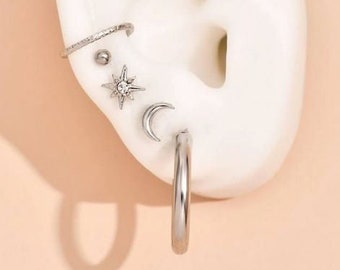 Minimalist Earrings Set Golden Earrings Petite Jewelry Earrings Earrings Bar Chain Double Piercing Piercing Heart Earrings Hoops