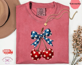 4th of July Cherry Shirt, Patriotic Cherry Tee, Coquette USA Shirt Women, American Flag Cherry Bow Shirt, Cute Independence Day Outfit