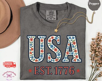 Floral USA Shirt, Patriotic Coquette Tee, America 250 Shirt, Vintage USA Est 1776 Shirt, Comfort Colors 4th Of July Tee