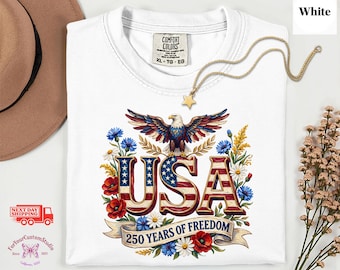 USA 250 Years Of Freedom Shirt, America Anniversary Tee, Patriotic Eagle Shirt, Comfort Colors, 4th Of July Shirt, USA Floral Tee