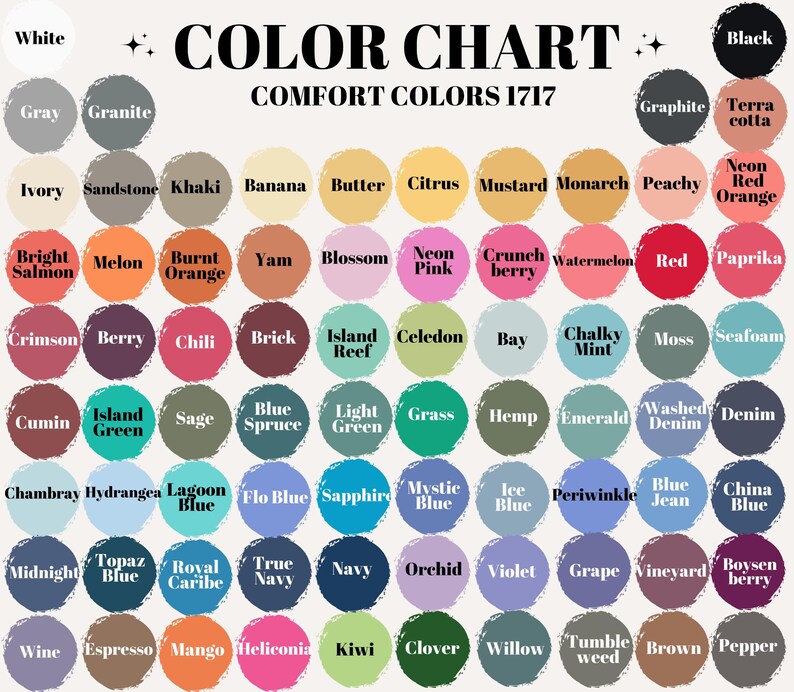 May include: A color chart titled "COLOR CHART COMFORT COLORS 1717" displays a variety of colors in circular swatches. Colors include "White", "Black", "Navy", "Pink", "Green", and many more. The chart is designed to showcase a wide range of hues.
