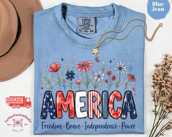 America Floral Shirt, Patriotic Flower Tee, USA Shirt Women, 4th of July Shirt, Independence Day Outfit, Comfort Colors Shirt
