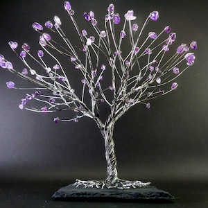 Amethyst Crystal Tree, Gemstone Wire Tree, Oxidized Amethyst Wire Tree Sculpture on Slate Base