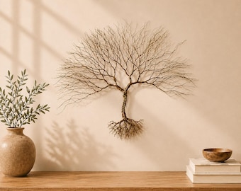 Brass Wire Tree Wall Sculpture, Handmade Metal Tree Wall Art with Roots, Nature Wall Decor