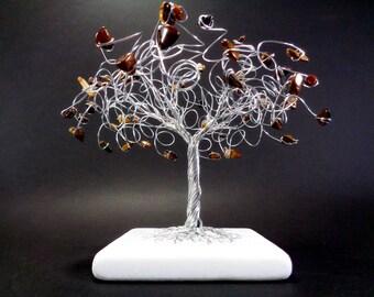 Tiger's eye Wire Tree Sculpture, Root Chakra Gemstone Tree, Feng shui Decor, Healing Crystals Tree, Courage gemstones,1 8th Anniversary