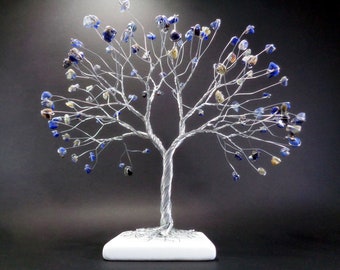 Sodalite Stone Tree, November Birthstone, Housewarming Meditation Gift, Desk Office Decor, Wire Bonsai Tree Art, Wire Tree of life