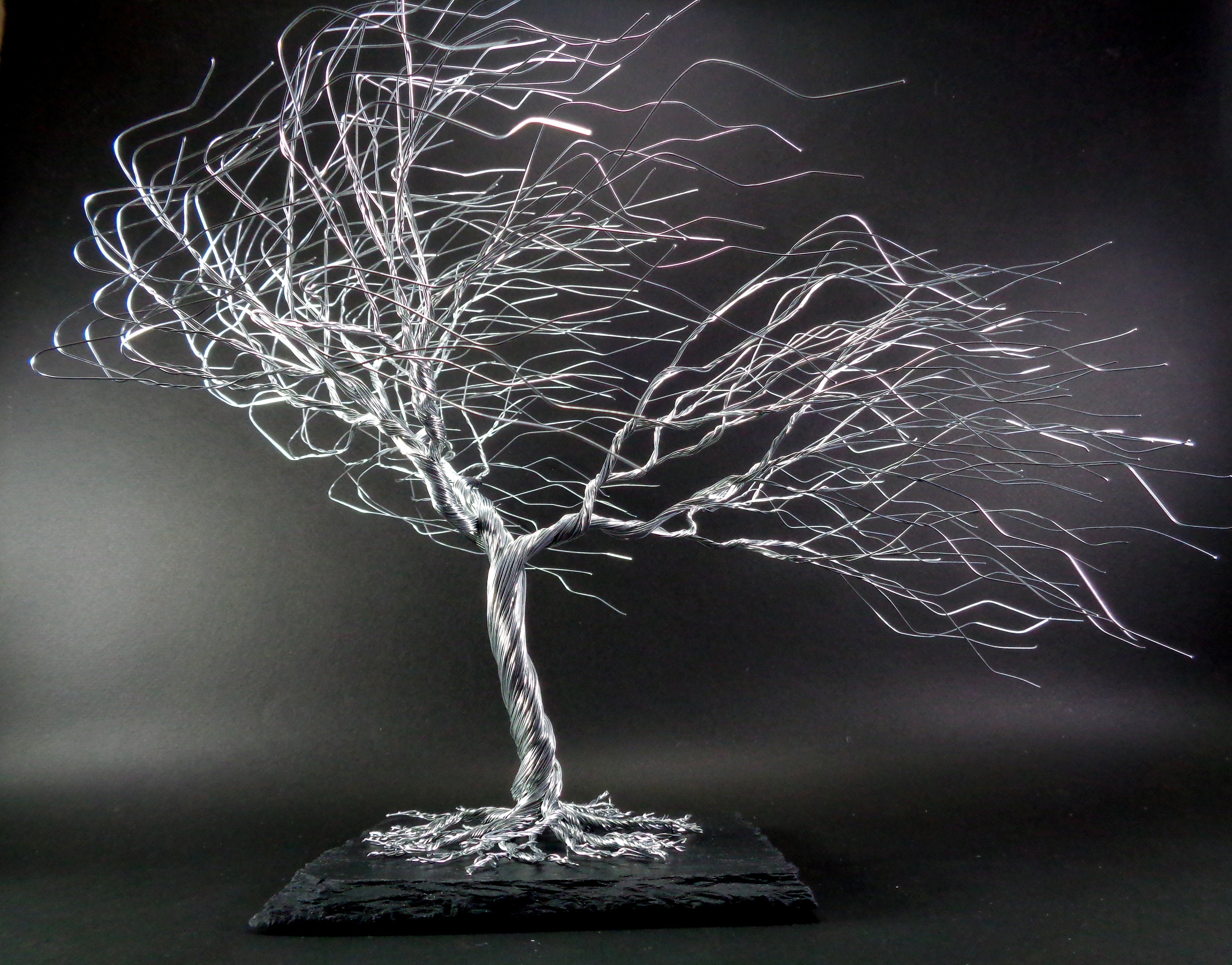 Windswept Wire Tree Sculpture on Slate Base, Tree of Life Metal