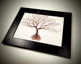 Small Wire Art in Black Frame with White Canvas – Personalized Copper Wire Tree Sculpture – Custom Engraved Brass Tag – 7th Anniversary Gift