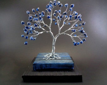 Blue Wire Tree Sculpture on Wooden Base, Bonsai Wire Tree, Expressionist Wire Sculpture Art, New Home Gift for Couple, Office Shelf Decor